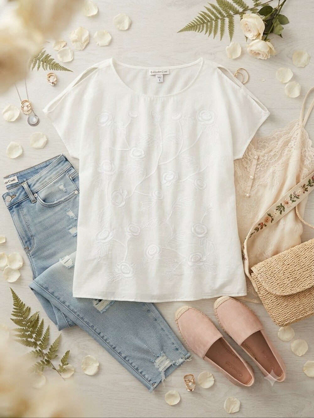Coldwater Creek White Silk Cotton Blend Blouse With Floral Embroidery